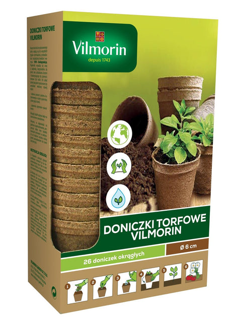 DONICZKI TORFOWE VILMORIN JIFFY - ŚREDNICA 6CM 26 SZTUK W OPAKOWANIU - Niezłe Ziółko