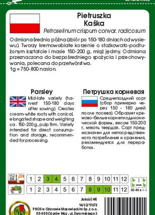 Nasiona - Pietruszka korzeniowa Kaśka 5g (około 4250 sztuk nasion w opakowaniu) - Niezłe Ziółko