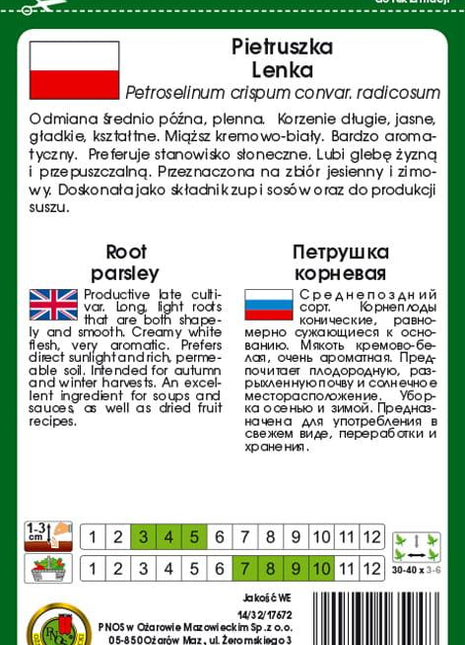 Nasiona - PIETRUSZKA KORZENIOWA LENKA 5g - około 4250 sztuk nasion w opakowaniu - Niezłe Ziółko