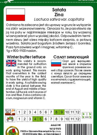 Nasiona – Sałata Masłowa Zina 1g (około 1200 sztuk nasion w opakowaniu) - Niezłe Ziółko